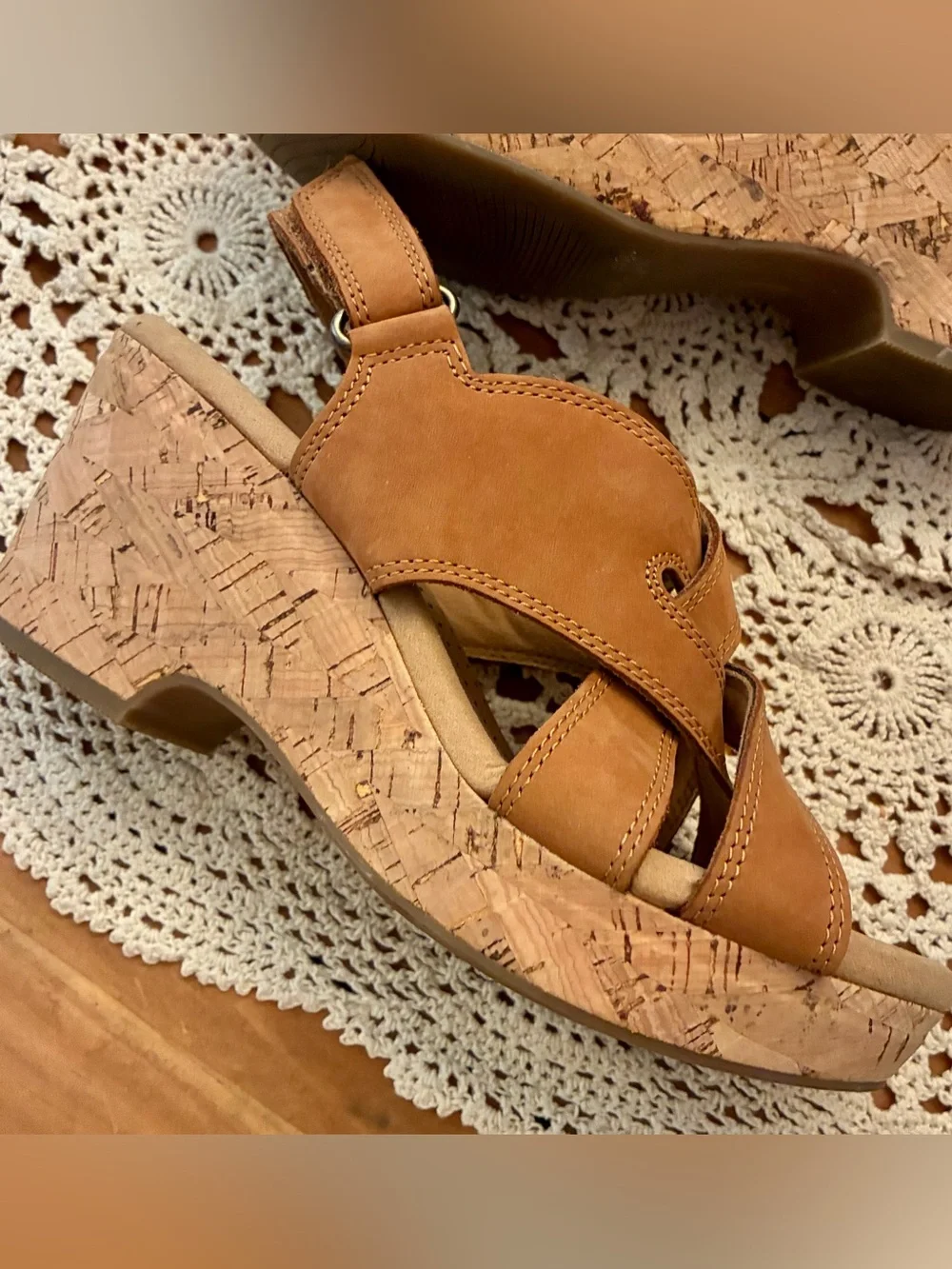 Clarks Giselle Tan Leather Cork Wedge Sandal